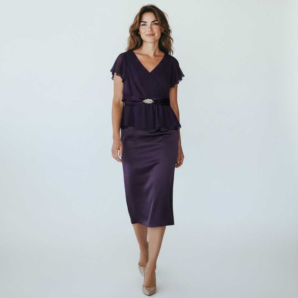 Alfred Angelo Eggplant 2 Pc Ruffle Jewel Top Chiffon Midi Skirt Womens 10/12